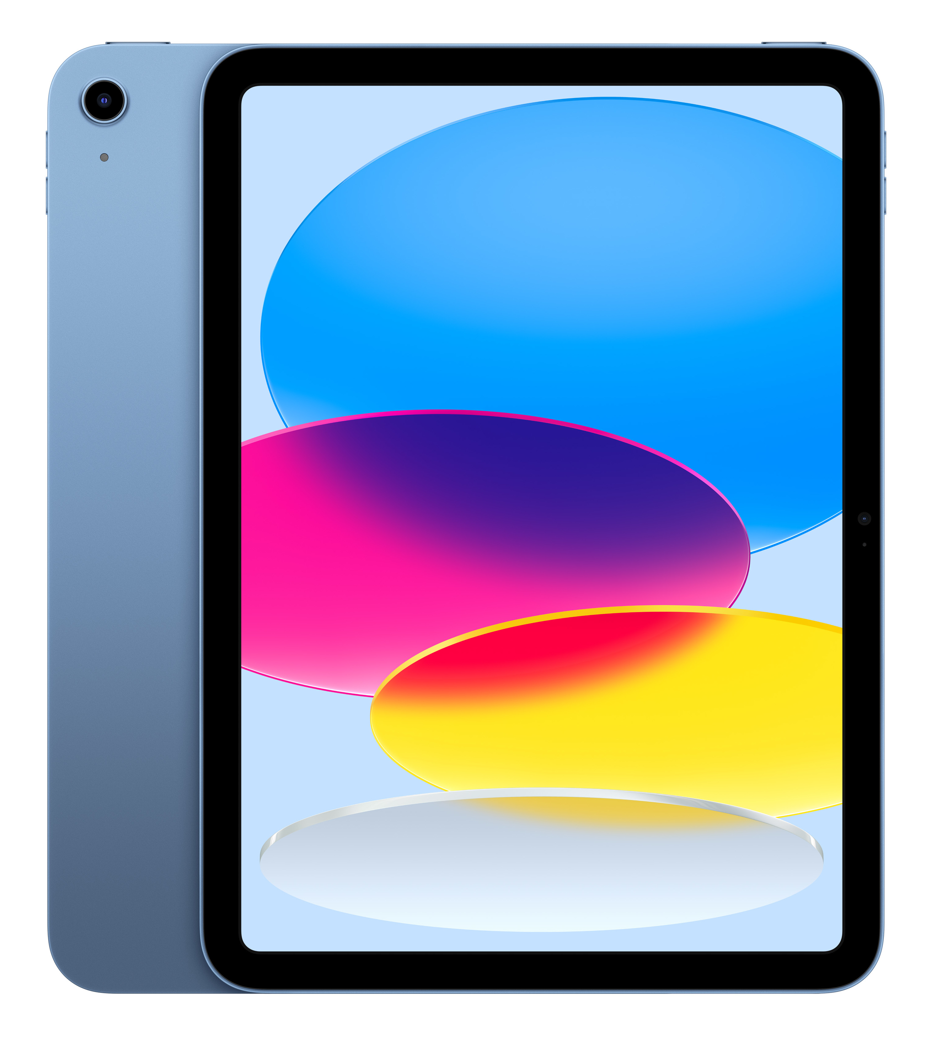 Niebieski iPad z kolorowym tłem, pokazujący tył i przód. Aparat z tyłu.