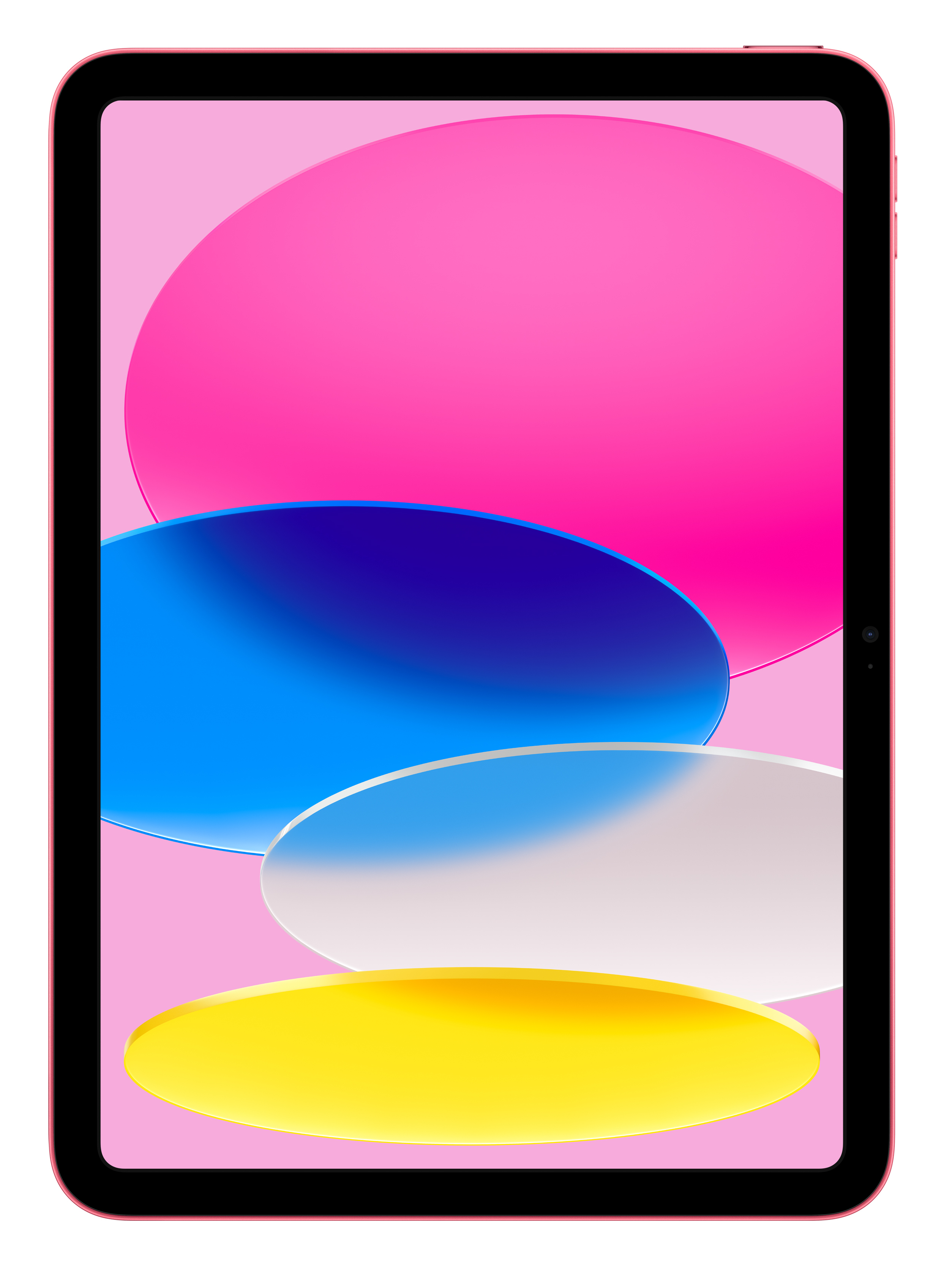 Różowy iPad z kolorowym ekranem na białym tle.