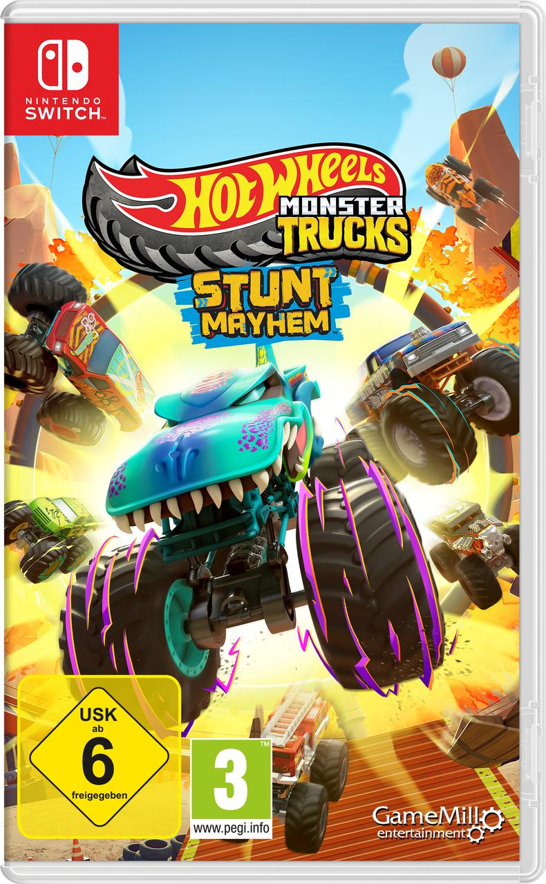 Videospiel-Cover. Monstertrucks in einem Stadion. Text: Hot Wheels Monster Trucks Stunt Mayhem.