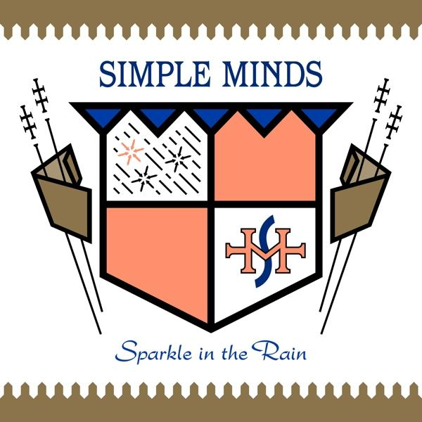 Albumcover mit Schilddesign. Text: 'SIMPLE MINDS' und 'Sparkle in the Rain'. Braun und Weiß.