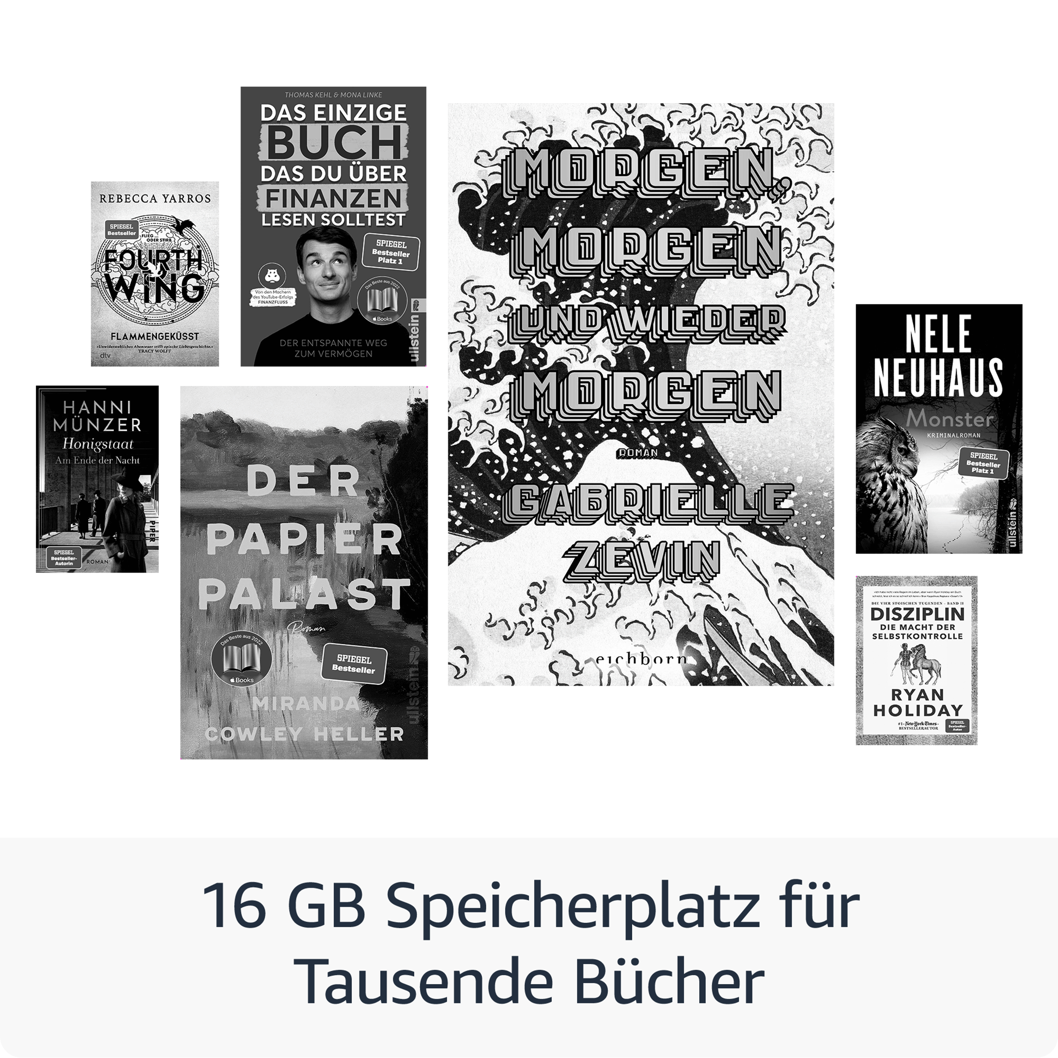 Sortiment von Buchcovern mit Titeln und Autoren, einige auf Deutsch. Auf weißem Hintergrund angezeigt.