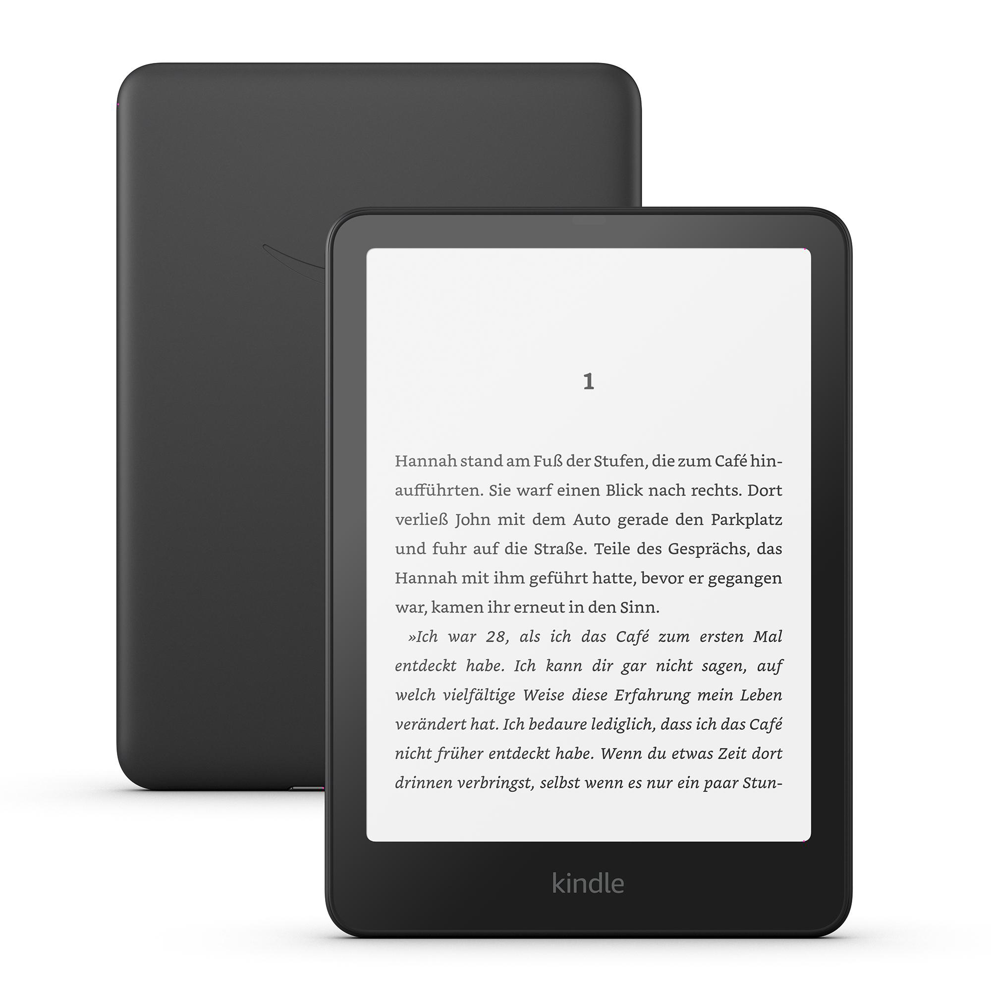 Ein schwarzer Kindle E-Reader mit Text auf dem Display und ein weiterer dahinter.