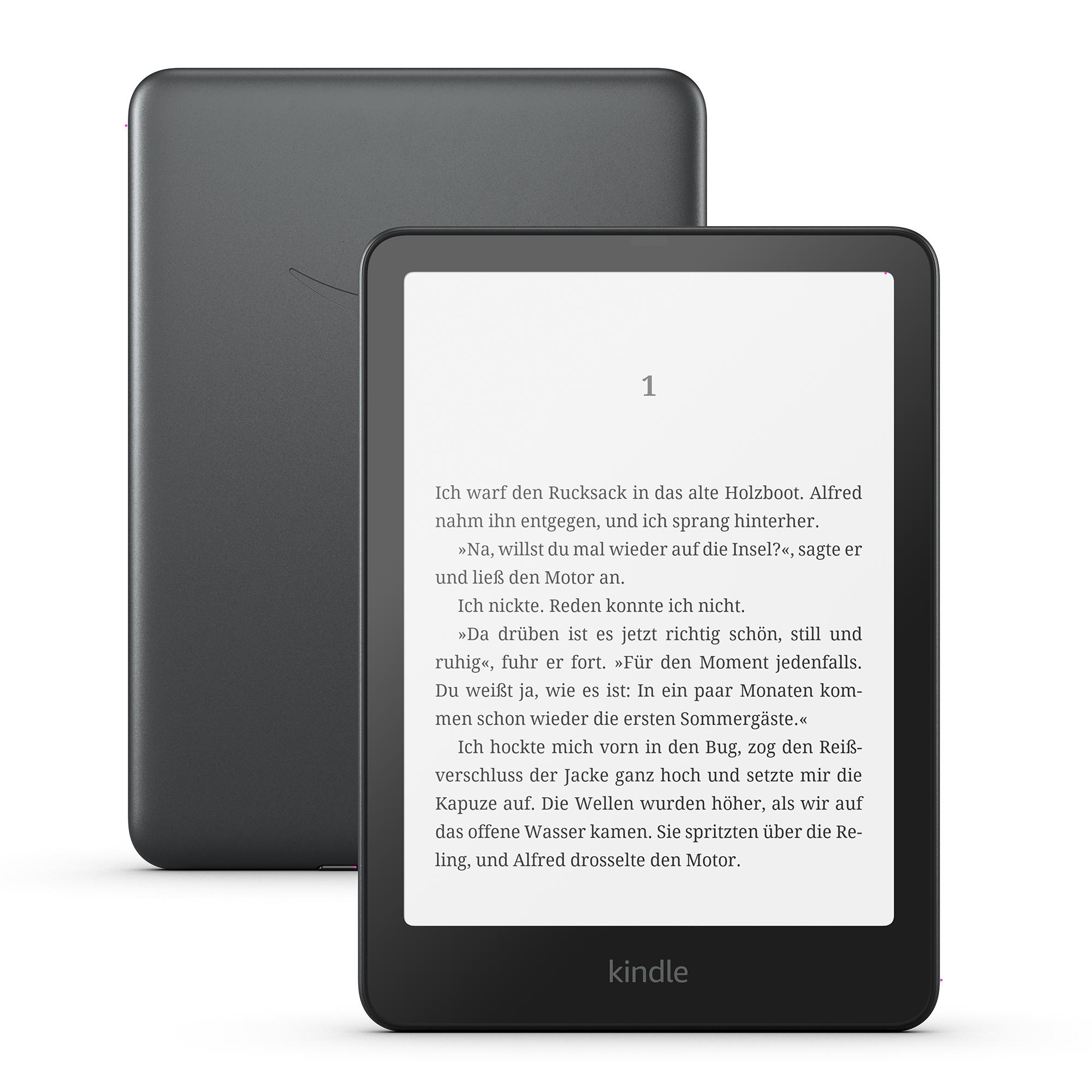 Kindle-E-Reader mit Text auf weißem Bildschirm, mit grauer Rückseite und weißem Hintergrund.