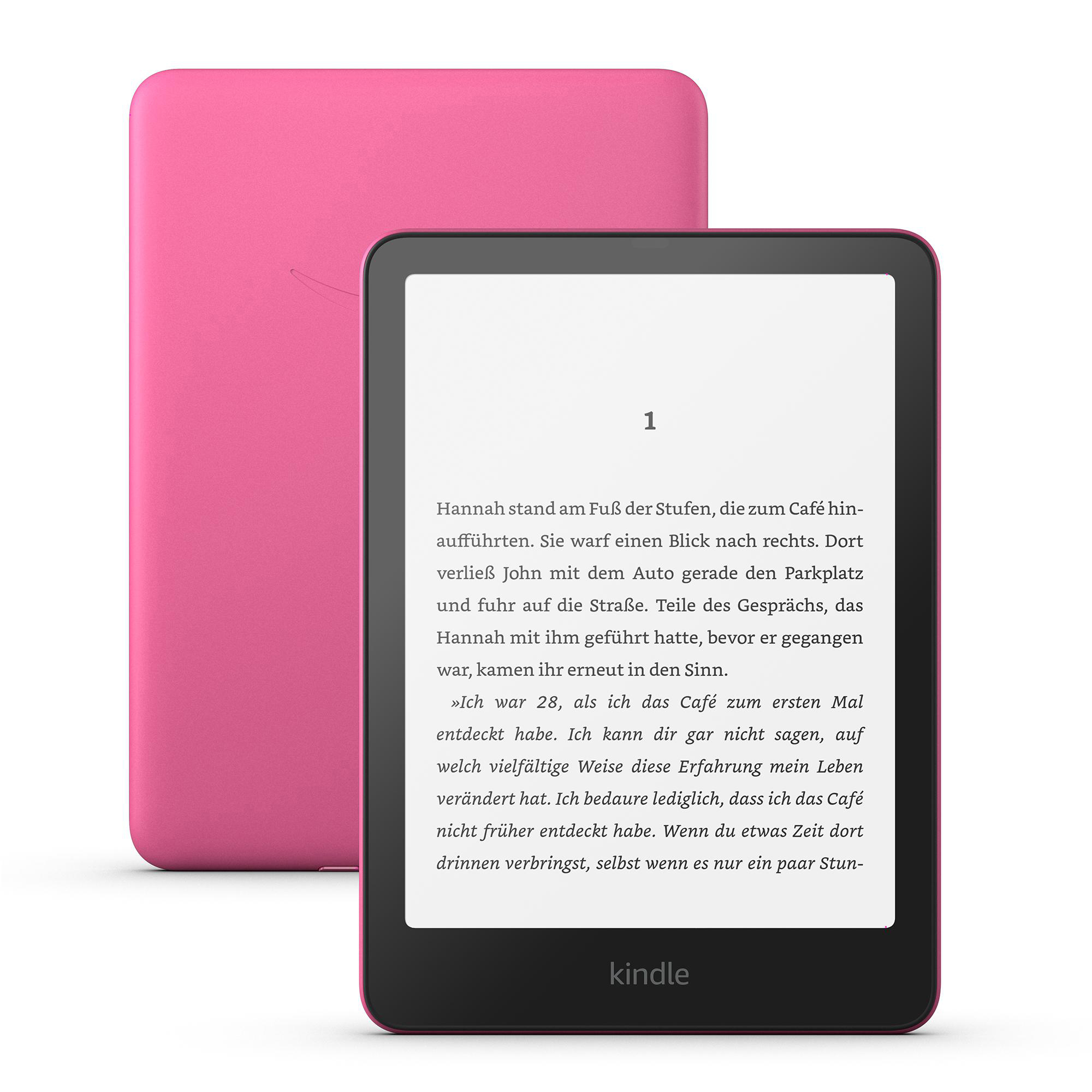 Pinkfarbener Kindle E-Reader, geöffnet auf einer Textseite, mit einer pinkfarbenen Hülle dahinter.