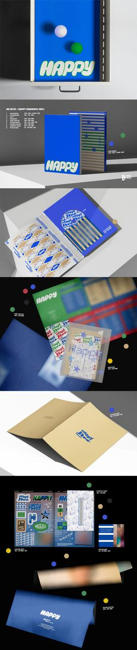 Multiple images of a colorful brochure with the word "HAPPY" and design elements.