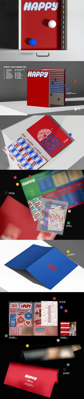 Multiple images of a red and white brochure with the word "happy". Various design elements.