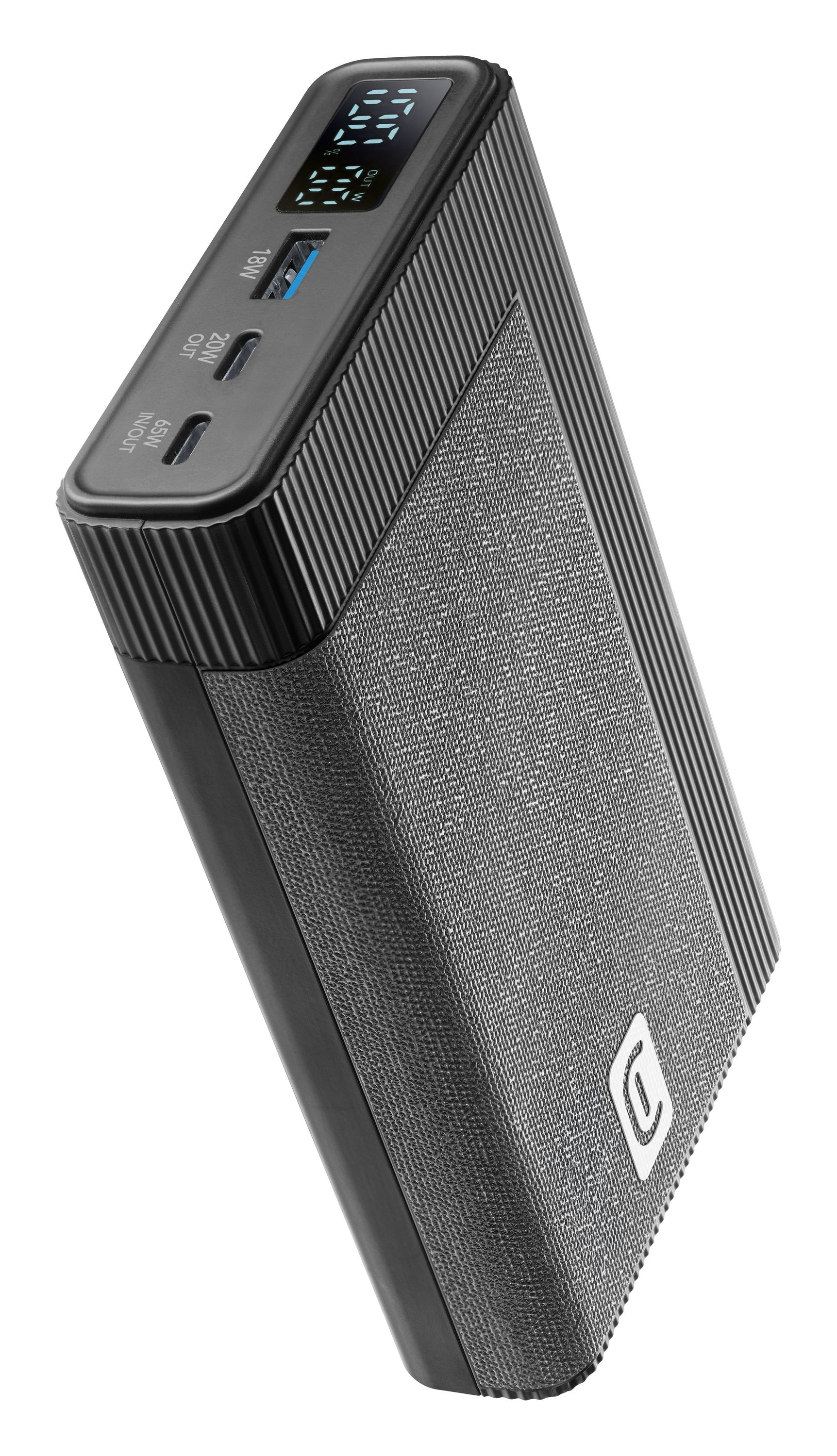 USB bağlantı noktalarına ve pil yüzdesini gösteren dijital bir ekrana sahip siyah ve gri bir powerbank.
