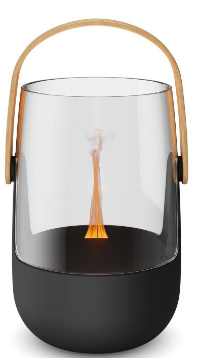 Czarny świecznik z drewnianym uchwytem, prezentujący efekt płomienia wewnątrz.