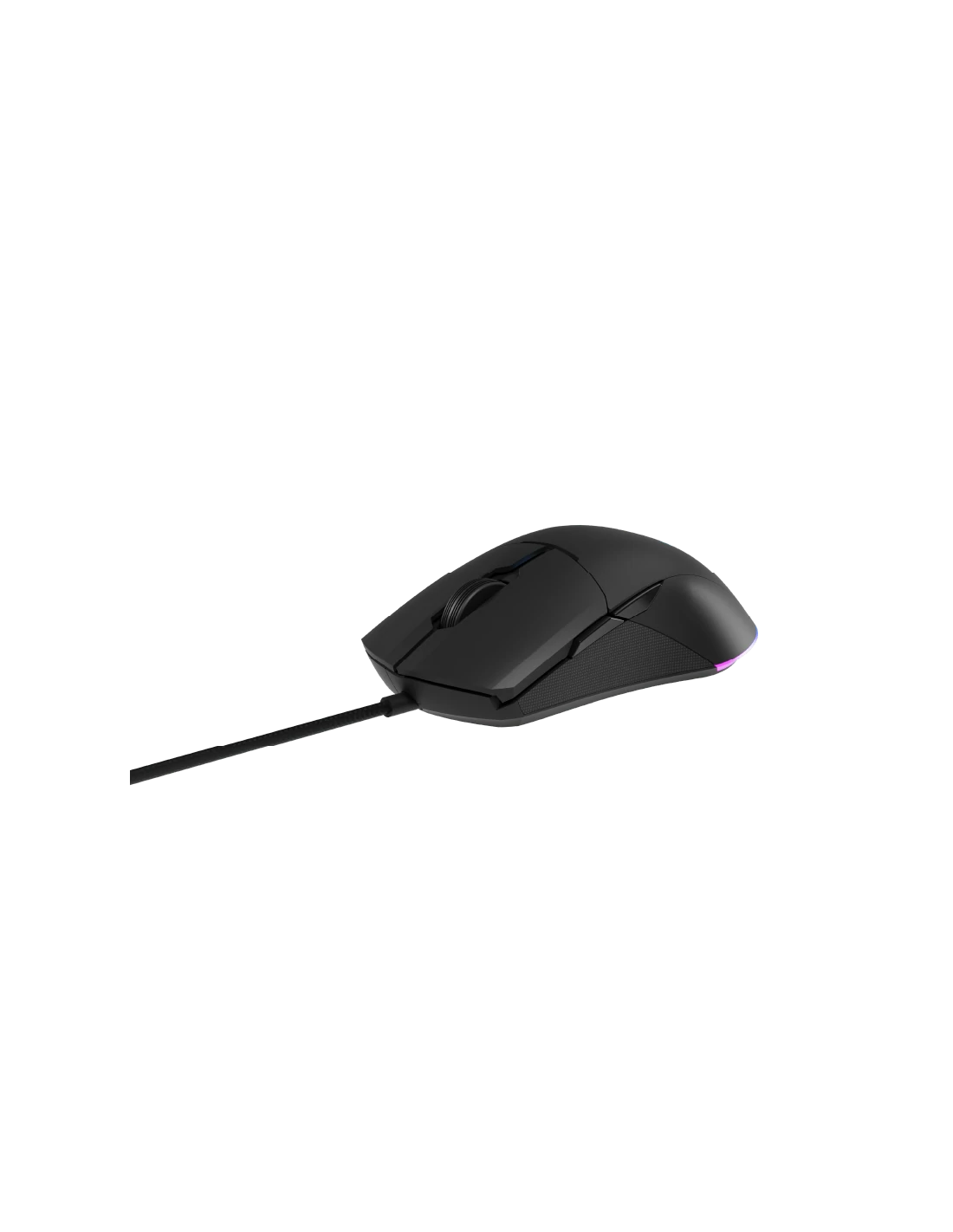 Ratón gaming negro sobre fondo negro, con cable extendiéndose a la izquierda.