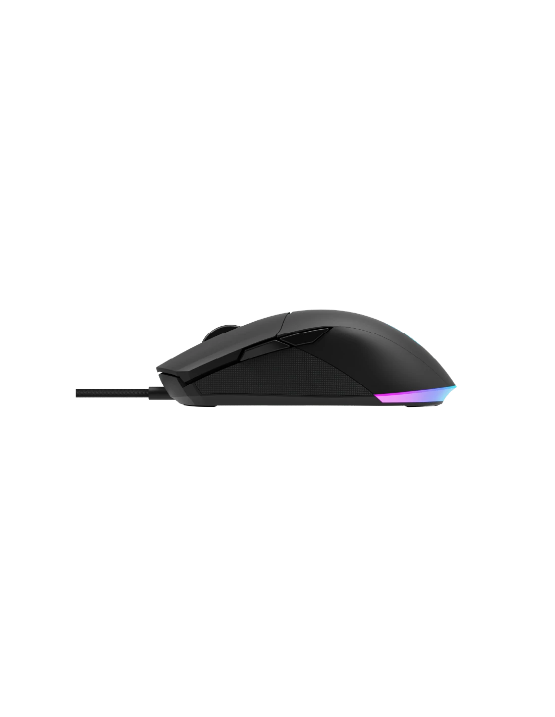Ratón gaming negro con detalles de colores sobre fondo negro.