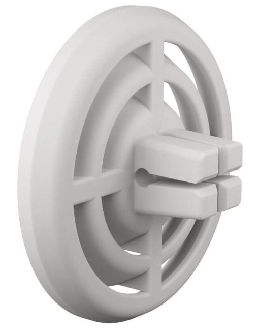 Biały plastikowy klips. Jest okrągły i ma dwa otwory.