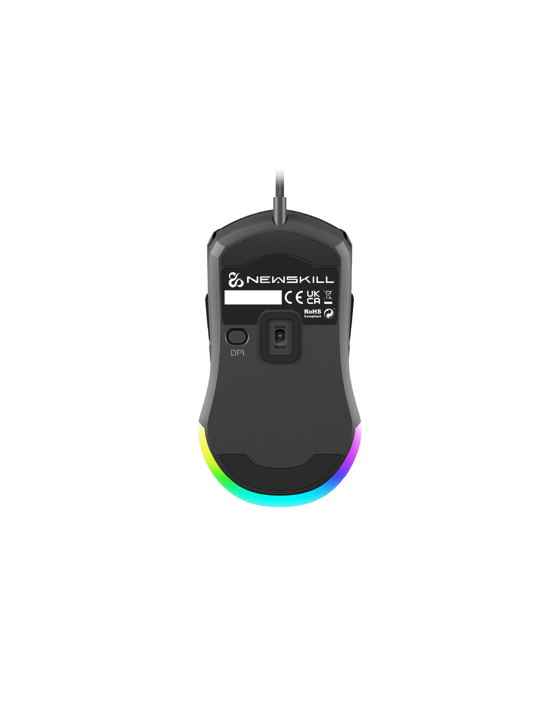 Ratón gaming negro. Tiene un botón DPI y una luz colorida en la parte inferior.