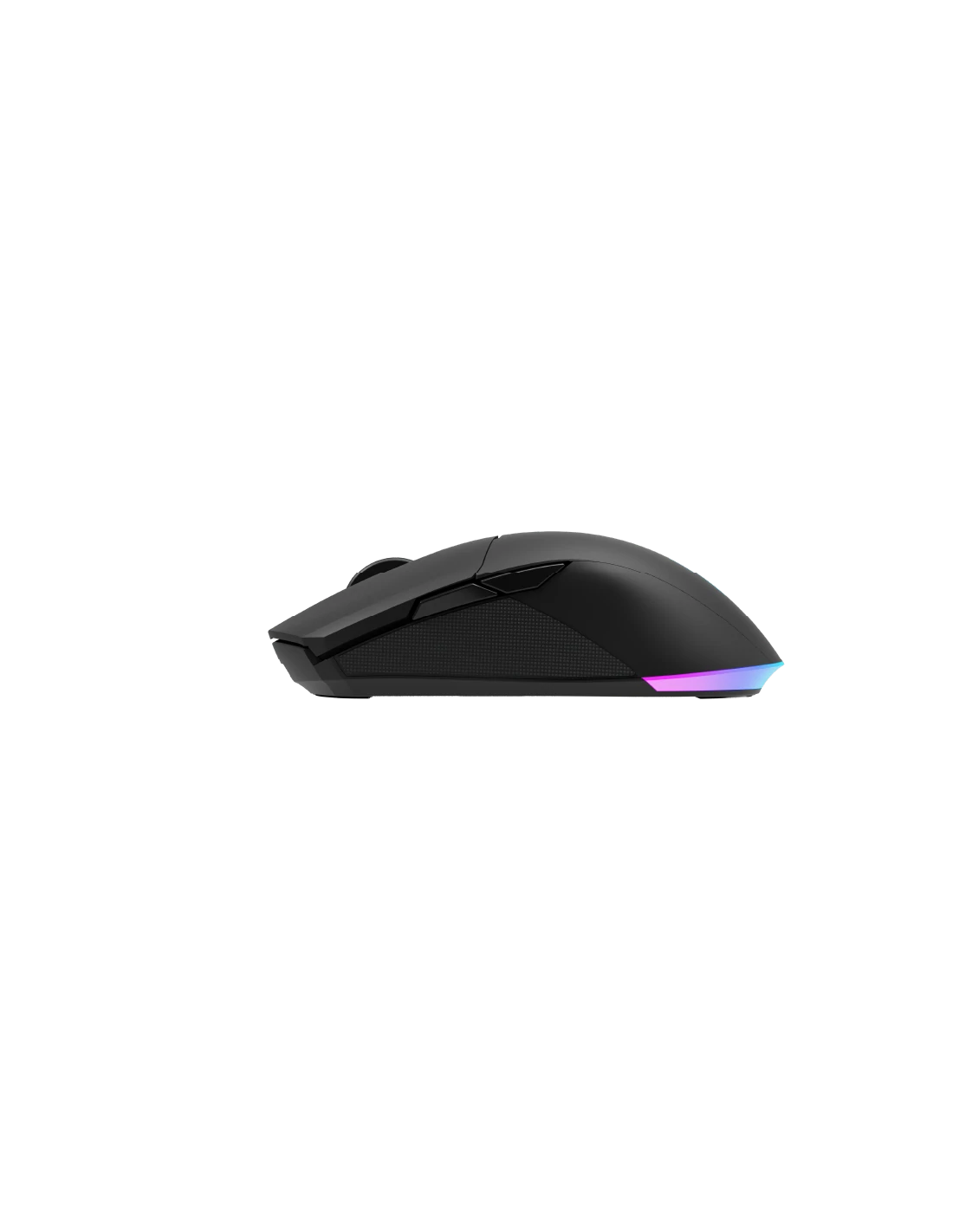 Ratón gaming negro sobre un fondo negro. El ratón tiene una luz colorida en la parte inferior.