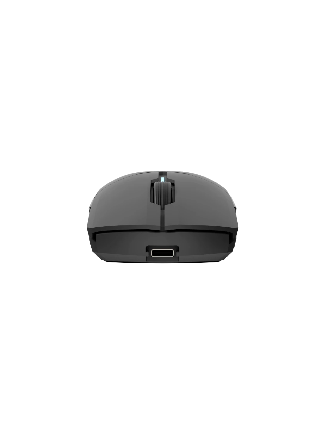 Un ratón de ordenador negro con un puerto USB-C en la parte delantera. El ratón está sobre un fondo negro.