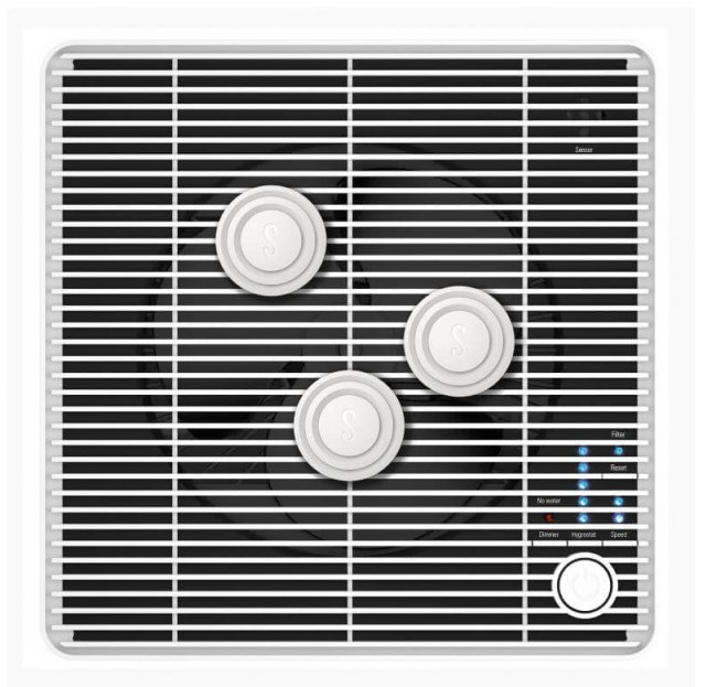 Biały oczyszczacz powietrza z czarną kratką i okrągłymi przyciskami.