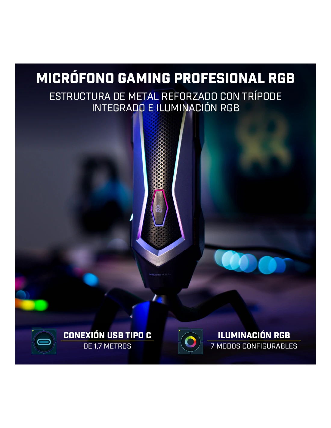Un micrófono gaming sobre un trípode con iluminación RGB. El micrófono es azul oscuro.