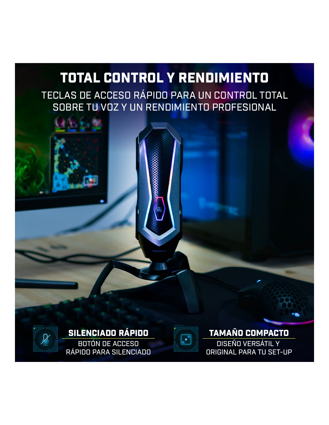 Un micrófono negro con luces RGB está sobre un escritorio junto a un teclado y un ratón.