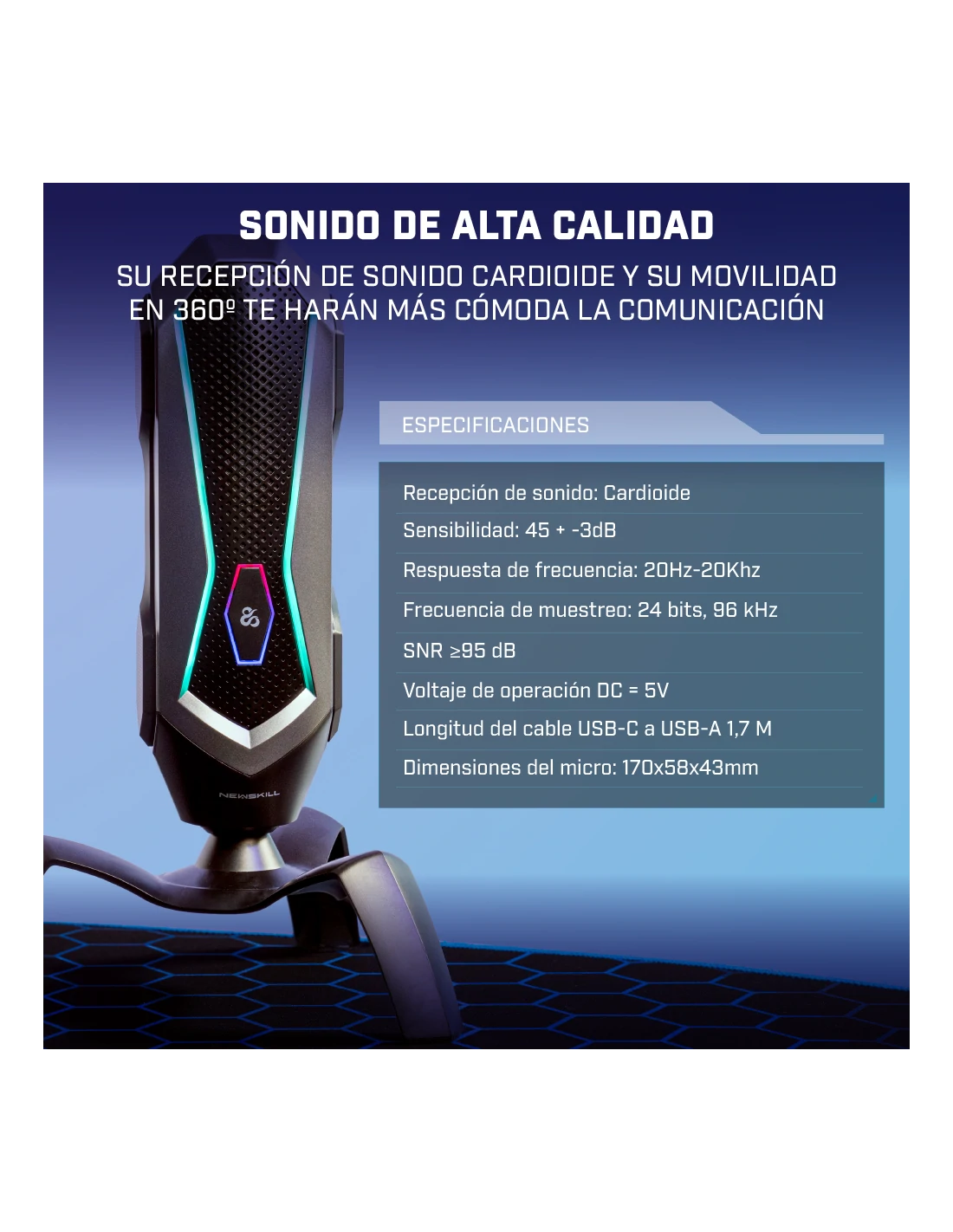 Un micrófono negro y plateado con especificaciones. Texto en español sobre la recepción de sonido cardioide.