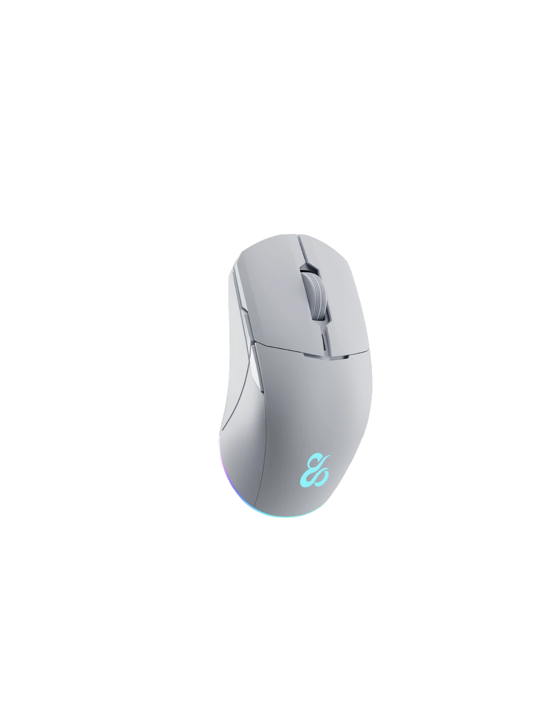 Ratón gaming blanco sobre fondo negro. Tiene un logo con luz azul.