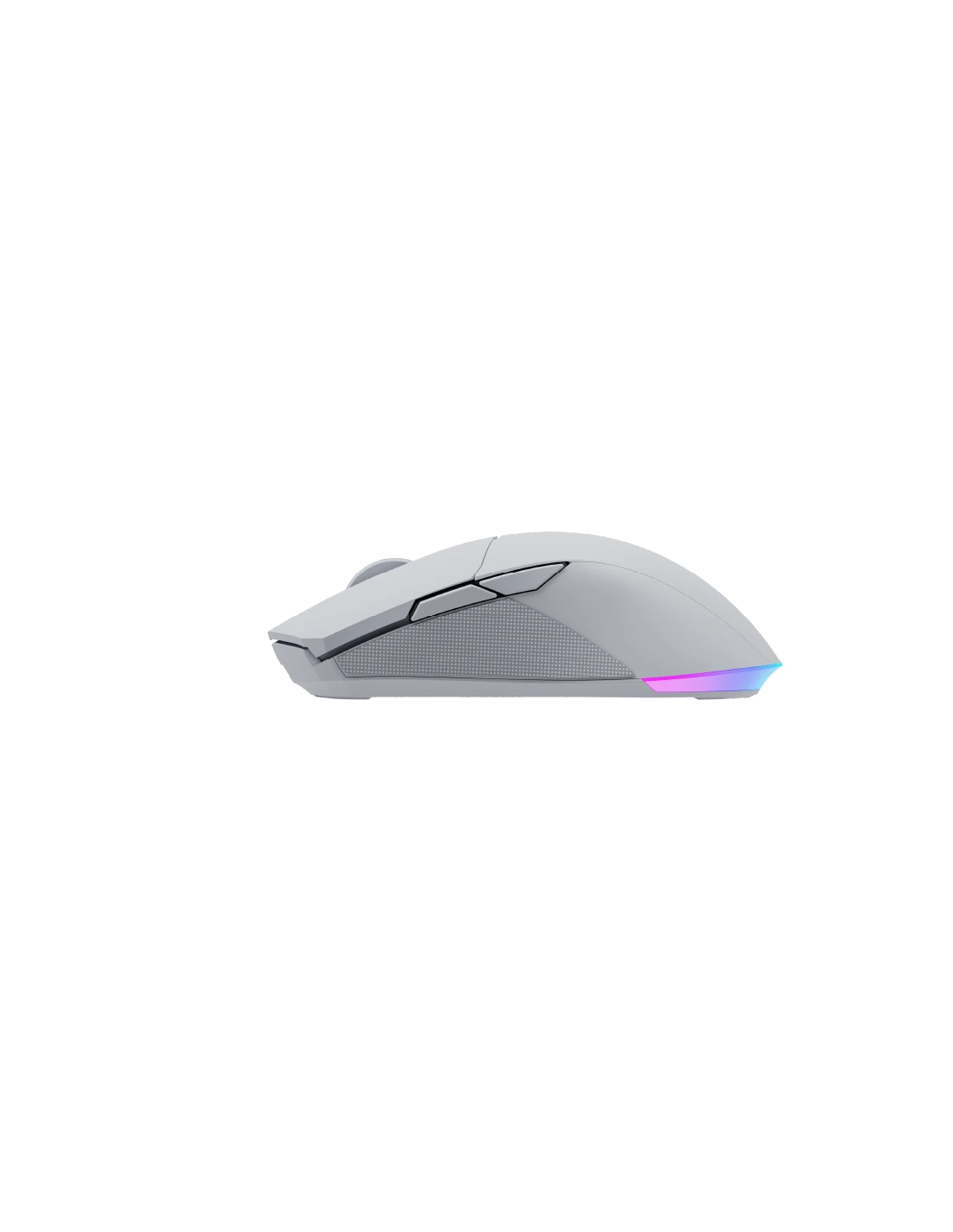 Un ratón gaming blanco con iluminación RGB en la parte inferior. El ratón tiene un diseño moderno y elegante.