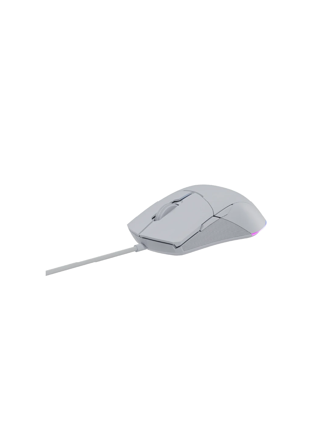 Un ratón blanco con cable sobre fondo negro.