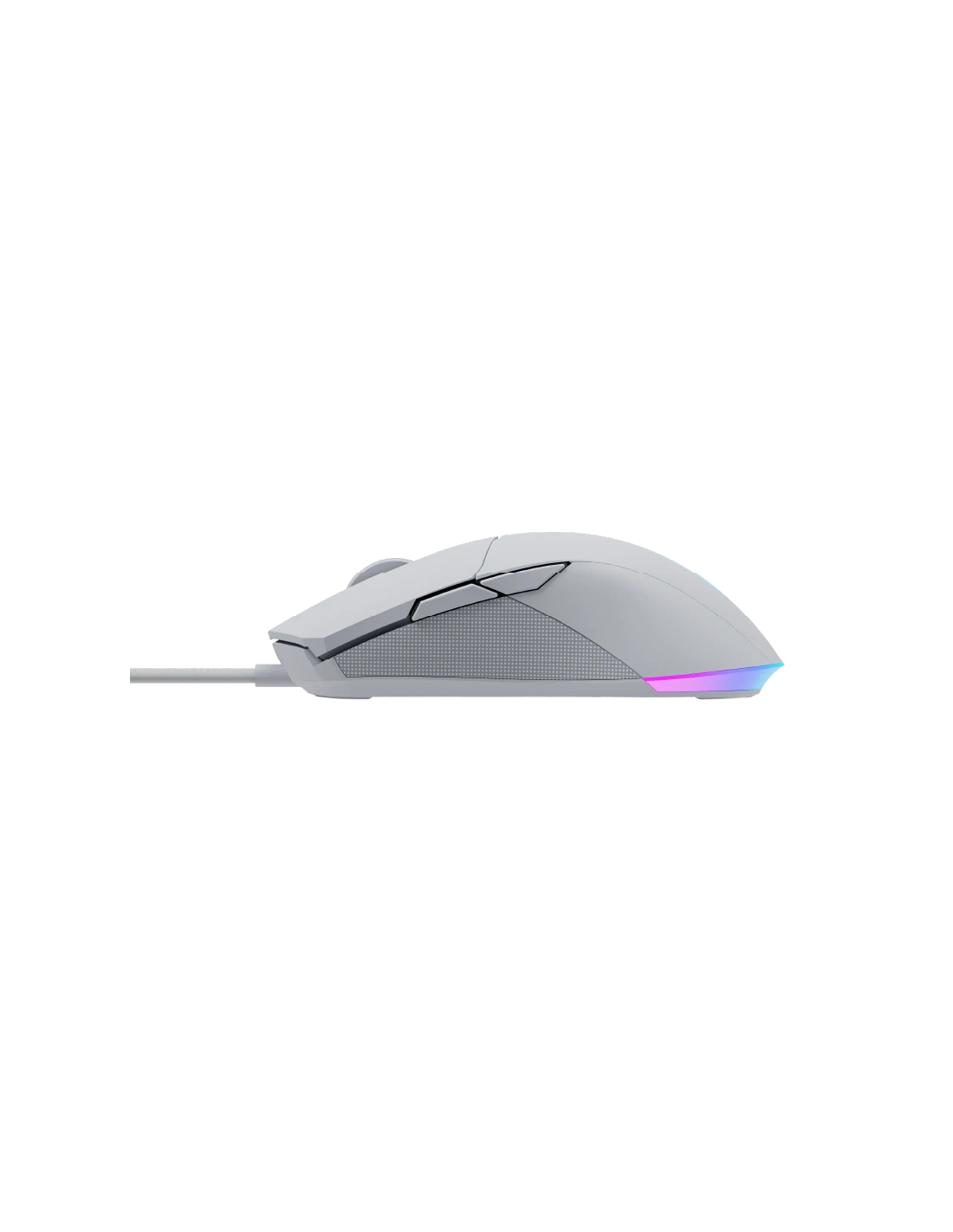 Ratón gaming blanco, vista lateral, fondo negro, cable adjunto.