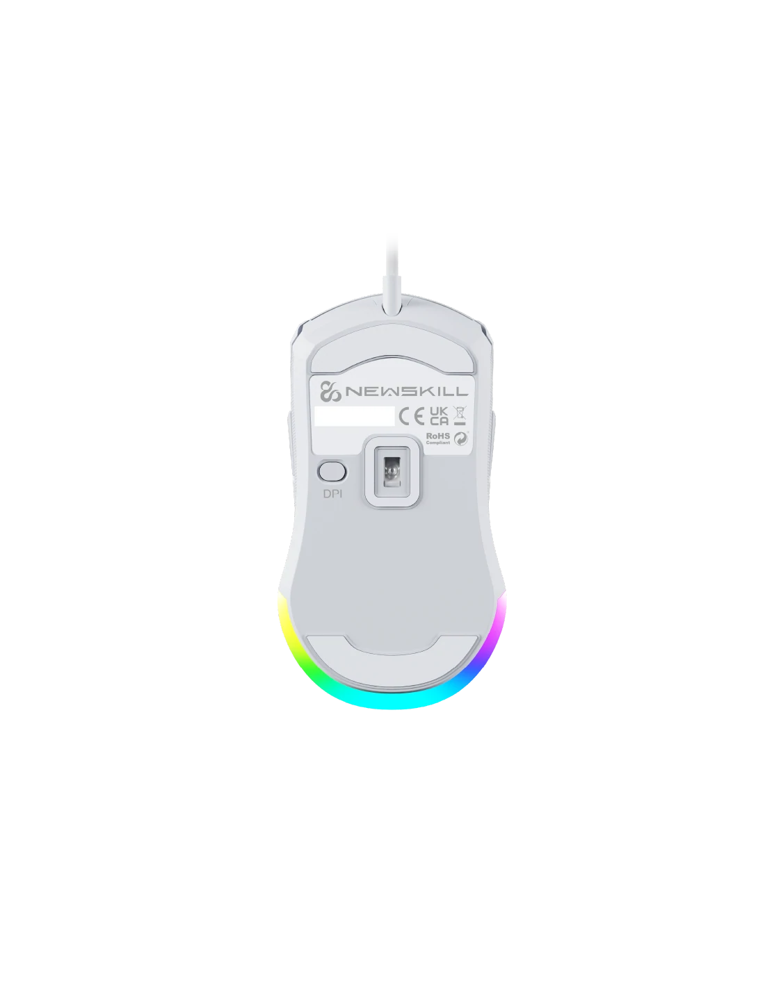 Ratón gaming blanco, en ángulo hacia abajo, con luces coloridas iluminadas en la parte inferior.