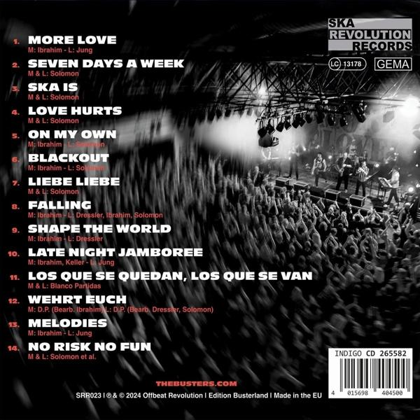 CD-Rückseite mit Songtiteln, Konzertfoto und Bandinformationen.