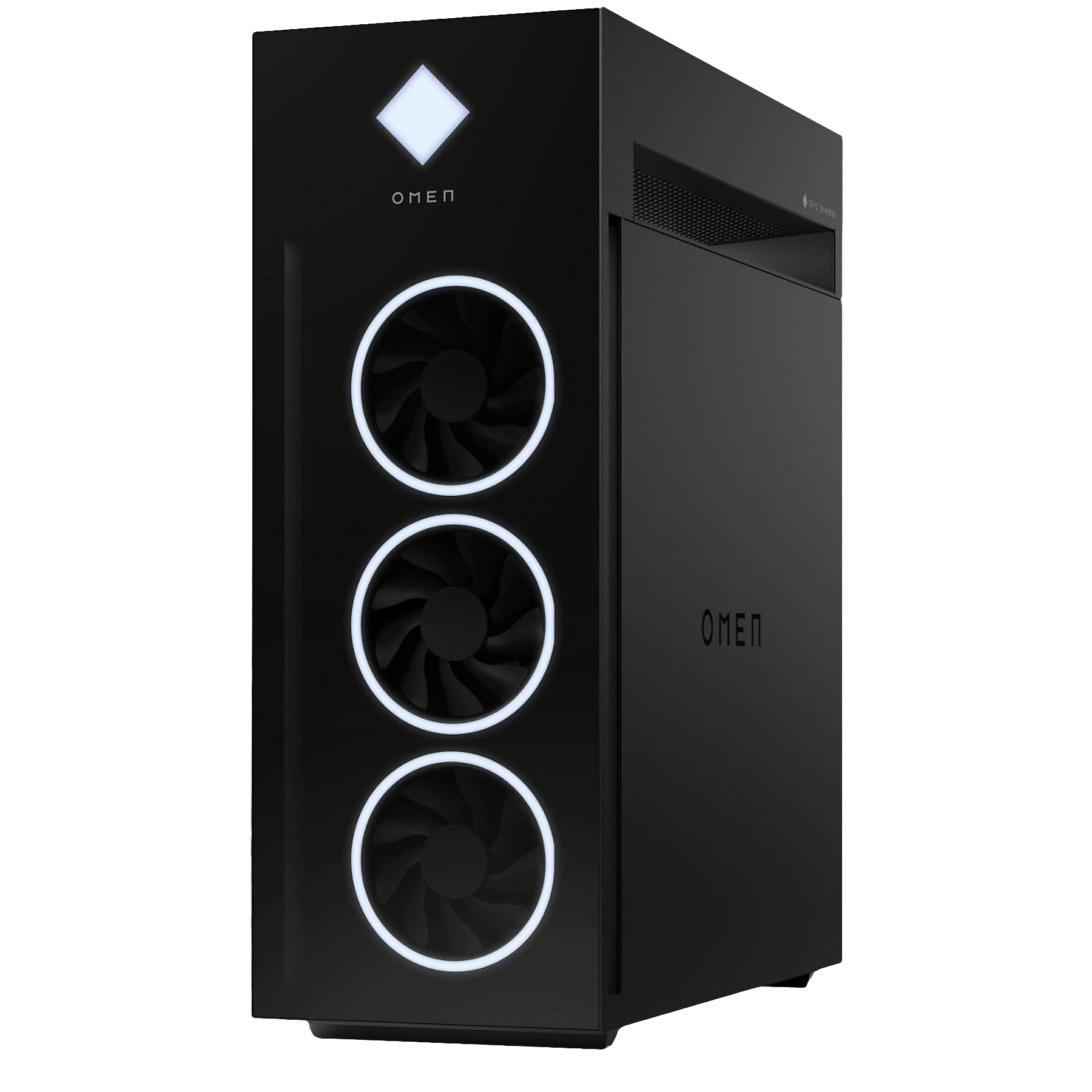 Czarny komputer do gier OMEN. Ma trzy światła wentylatora i logo OMEN. Prawa strona również ma logo OMEN.