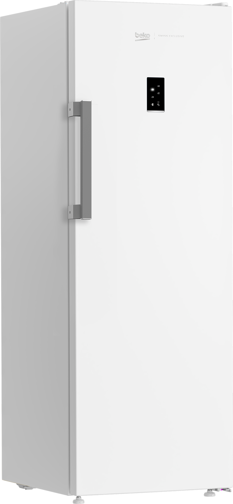 Ein hoher, weißer Beko-Gefrierschrank mit Griff und Display auf der Vorderseite.