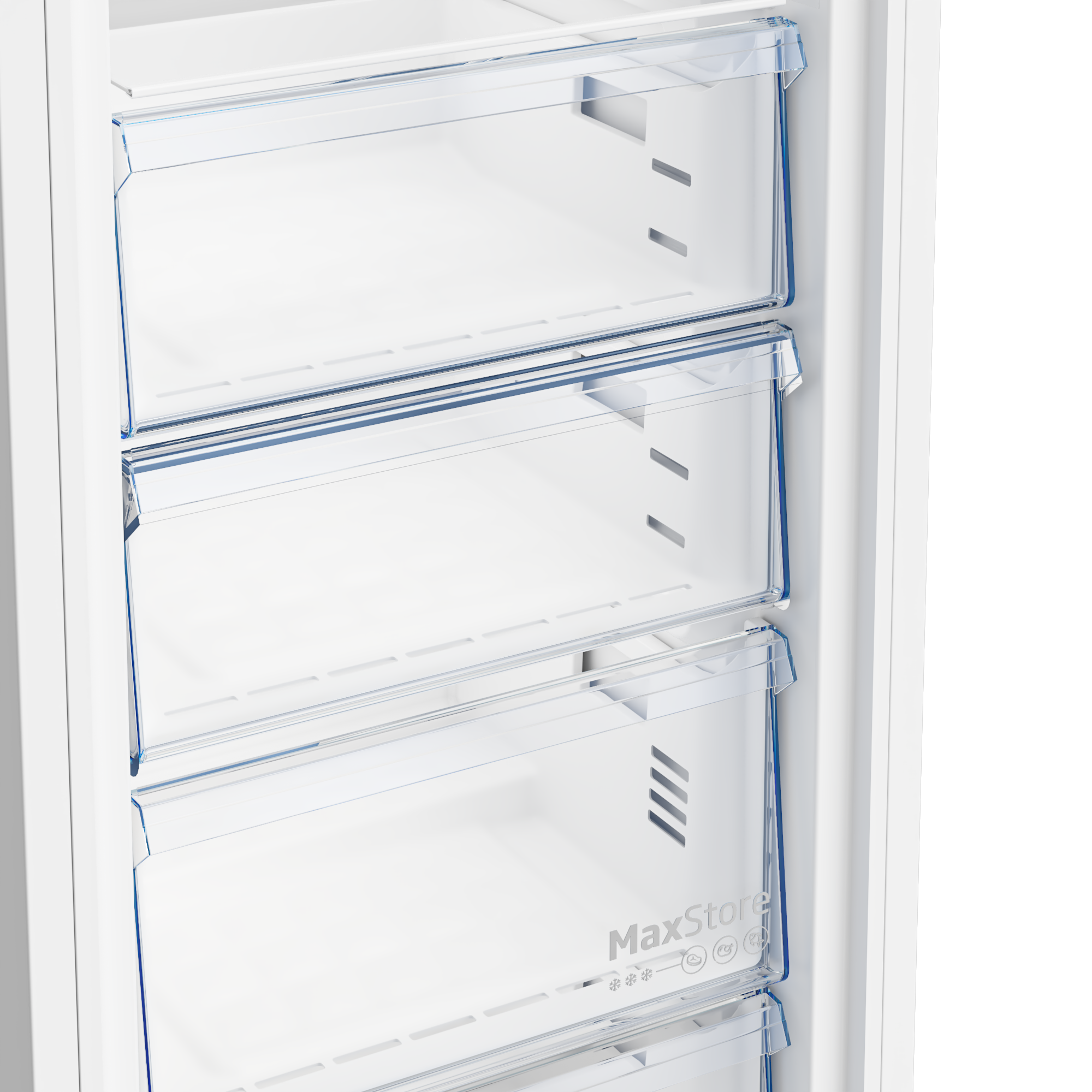 Gefrierschubladen. Transparente Kunststoffbehälter. Weißer Kühlschrank.