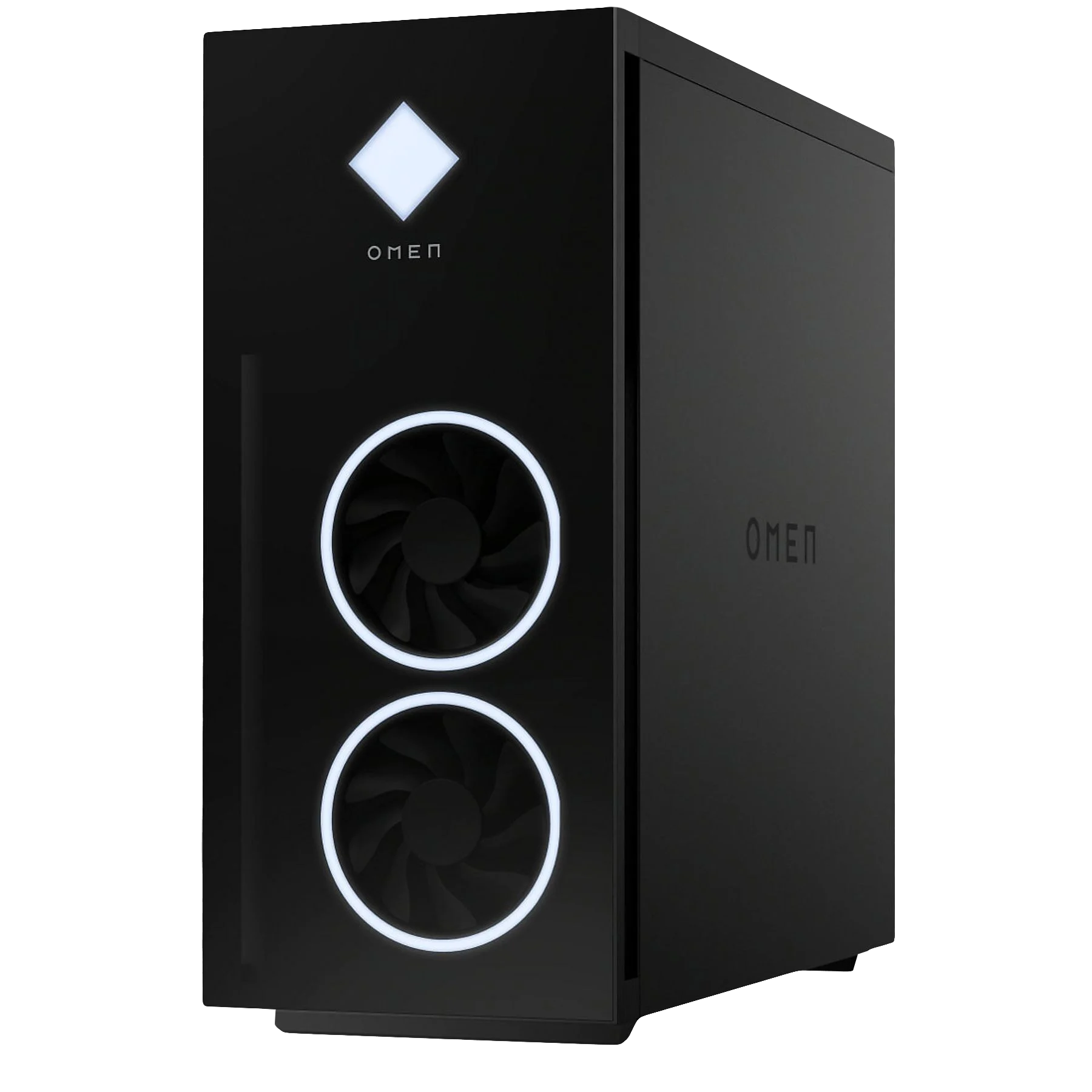 Czarny komputer stacjonarny OMEN z logo diamentu. Widoczne są dwa wentylatory z białymi światłami.