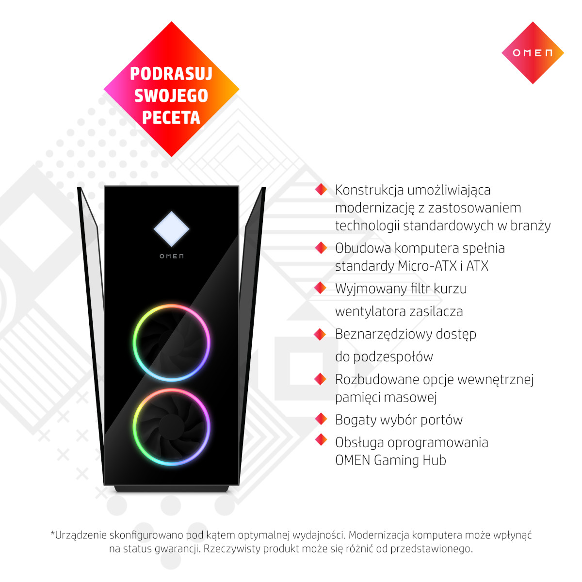 Czarna obudowa komputera OMEN z podświetleniem RGB. Nakładka tekstowa. Białe tło.