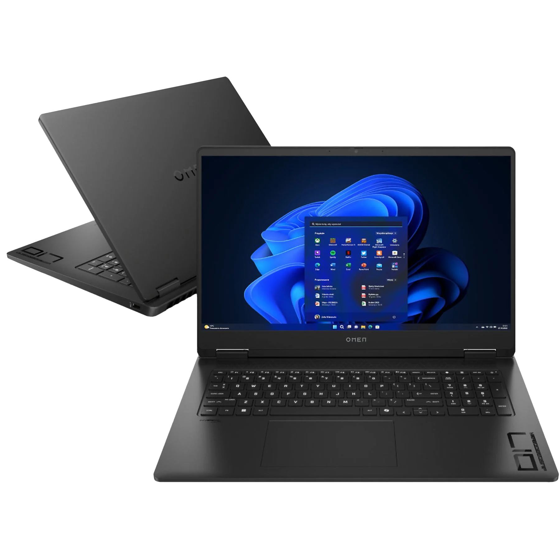 Dwa czarne laptopy marki OMEN, jeden otwarty, z niebieską tapetą na ekranie.
