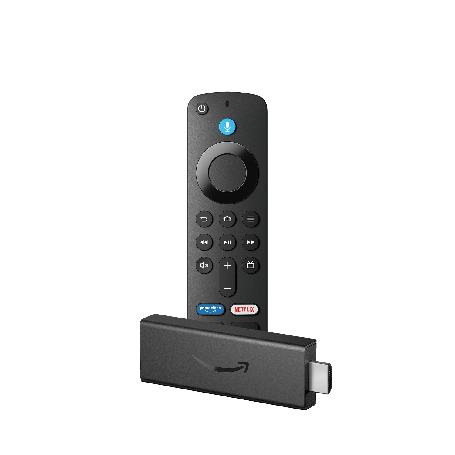 Schwarzer Amazon Fire TV-Stick und Fernbedienung, auf schwarzem Hintergrund.