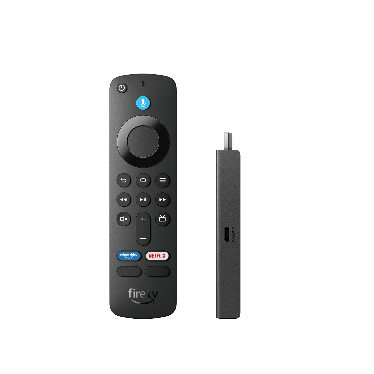 Schwarze Fire TV Fernbedienung und Stick. Die Fernbedienung hat verschiedene Tasten. Schwarzer Hintergrund.