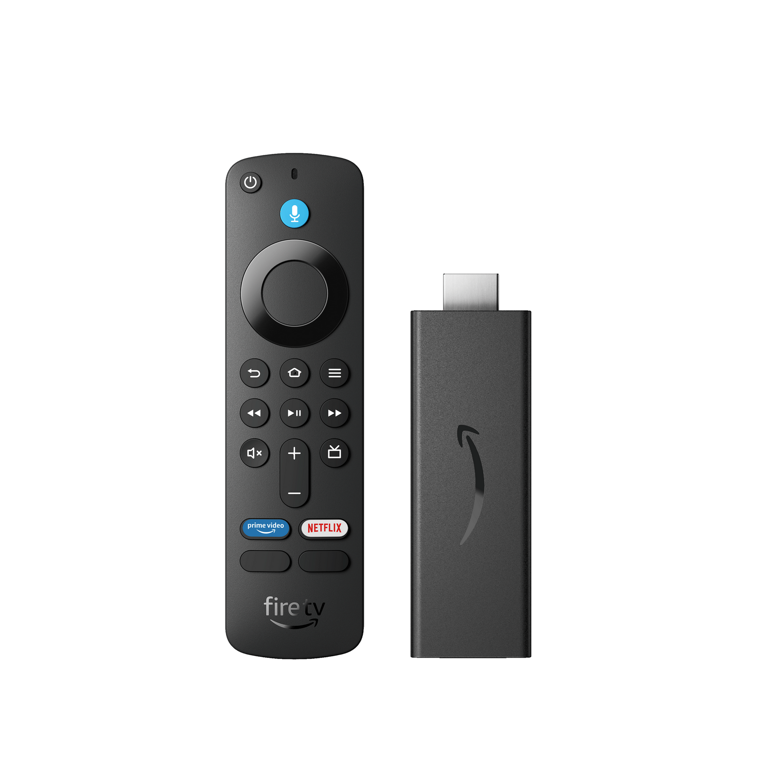 Schwarze Fire TV-Fernbedienung und -Stick auf schwarzem Hintergrund.