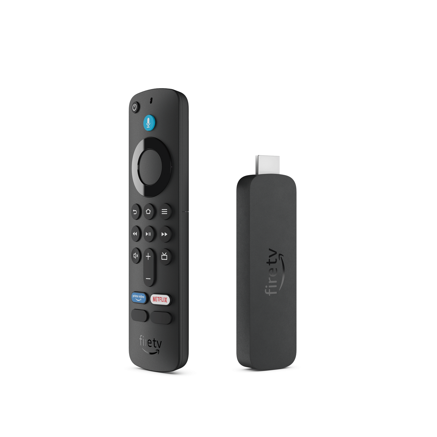 Mando y dispositivo Fire TV negros. Ambos elementos sobre fondo blanco, con logotipos.