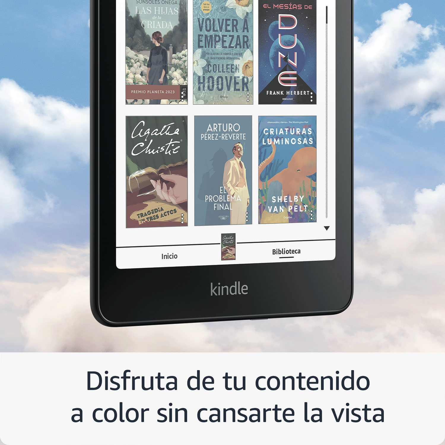 Kindle con portadas de libros mostradas. La pantalla muestra una selección de portadas de libros. Texto en la parte inferior.