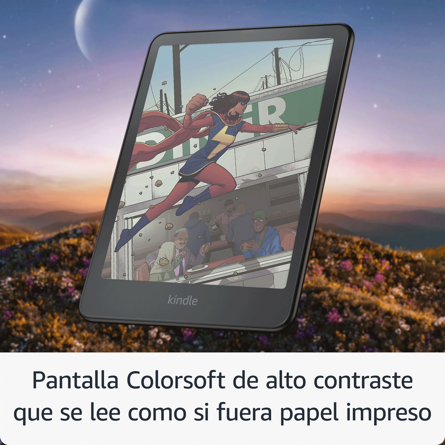 Kindle mostrando página de cómic de una superheroína. Texto: 'Colores de alto contraste'.