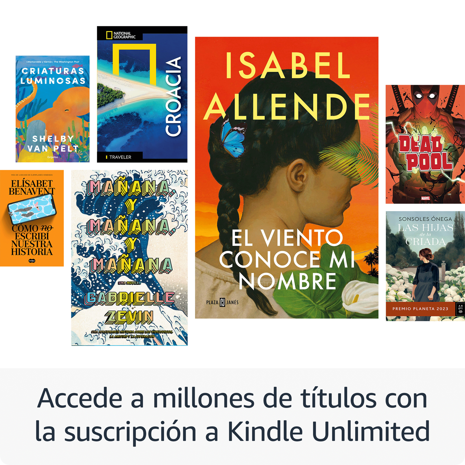Colección de portadas de libros: varios títulos y autores, con un anuncio de Kindle Unlimited abajo.