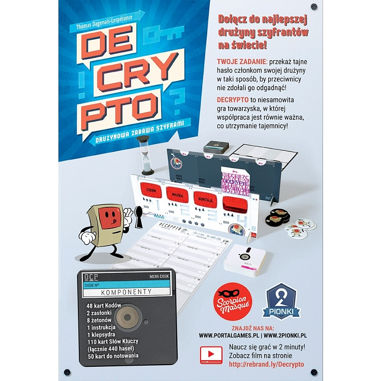 Pudełko gry planszowej ze składnikami, tekstem i ilustracjami.