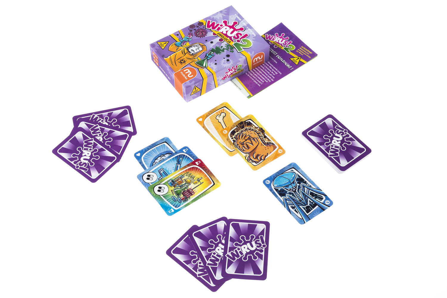 Gra karciana Virus z kartami, pudełkiem i grą na białej powierzchni.