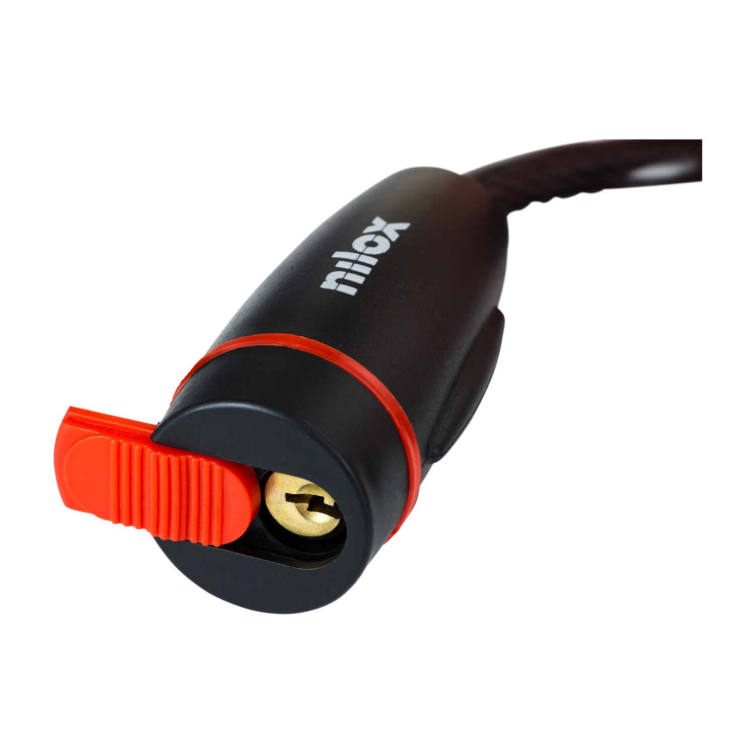 Primo piano di un lucchetto nero per bici con leva arancione e serratura dorata.