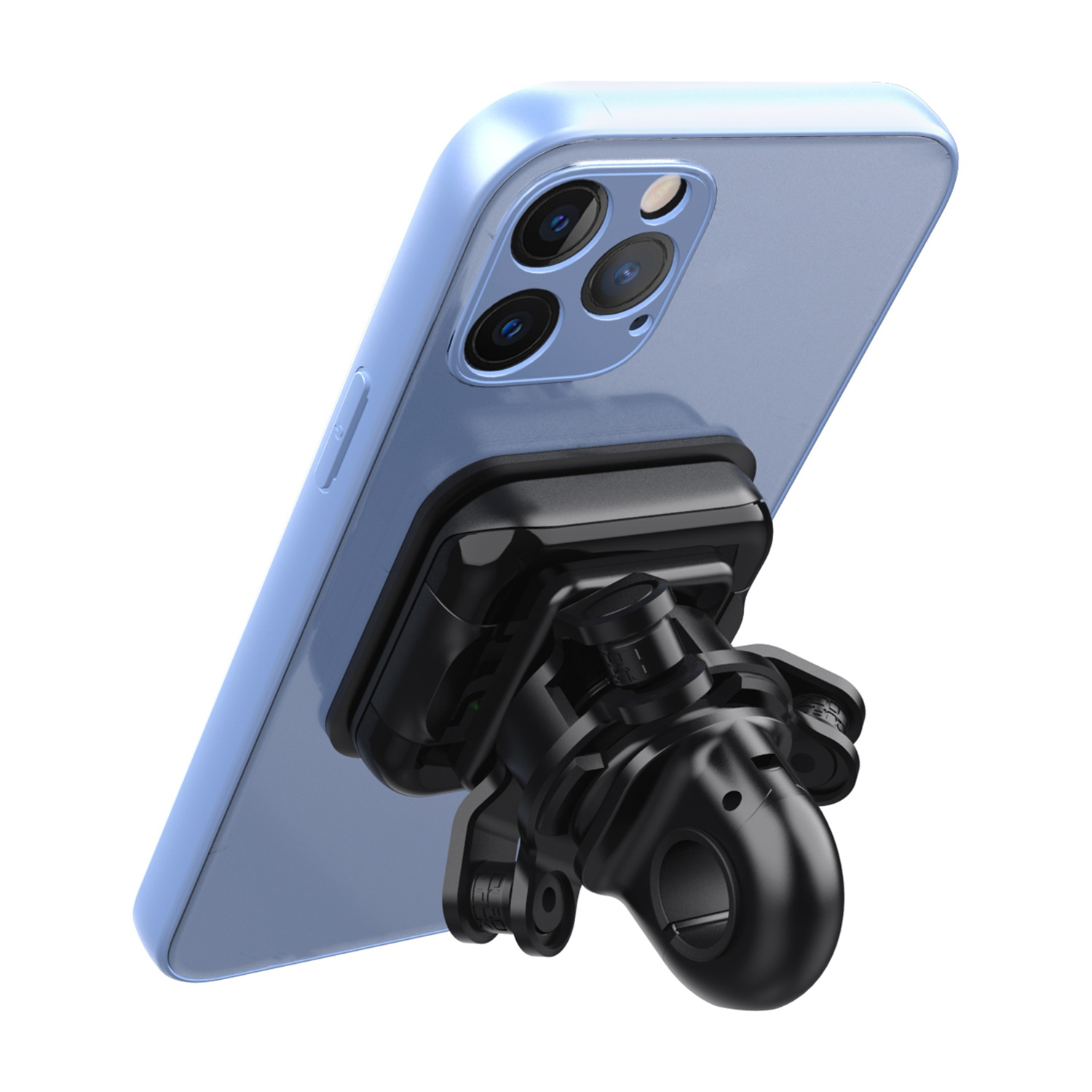 iPhone blu in una custodia attaccato a un supporto nero, con un attacco tipo GoPro.
