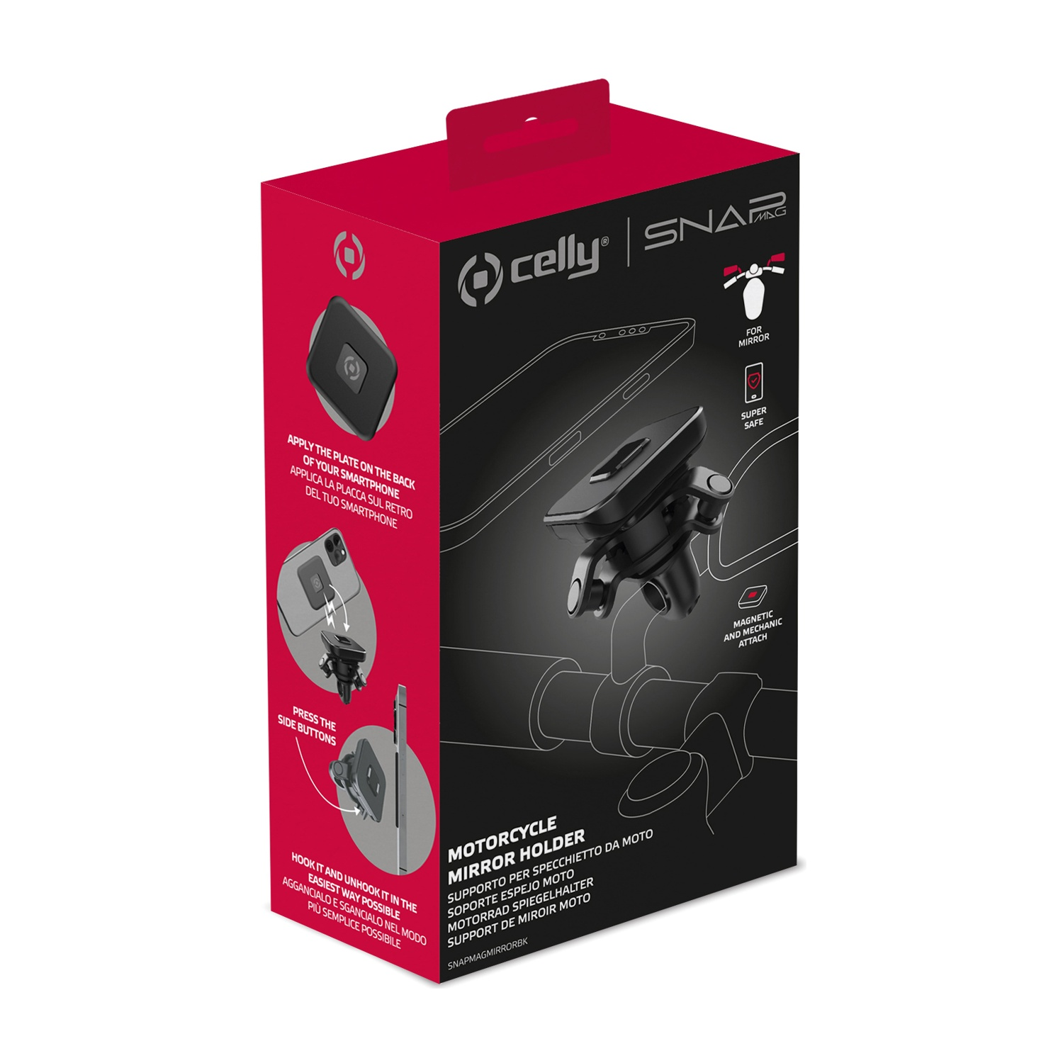 Scatola nera e rossa per supporto specchietto moto. Mostra dettagli e immagini del prodotto.