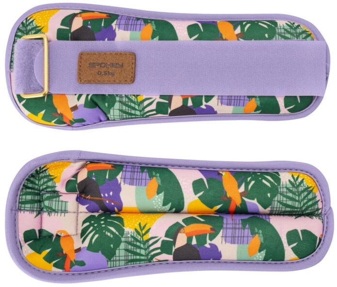 Dwa fioletowe obciążniki na kostki z tropikalnym wzorem tukanów.