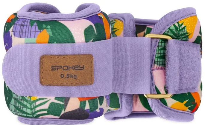 Obciążniki na kostki. Fioletowe z kolorowym wzorem i brązową etykietą.