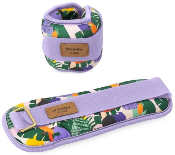 Dwie obciążenia na kostki Spokey. Jedno owinięte wokół kostki. Wzór kwiatowy.