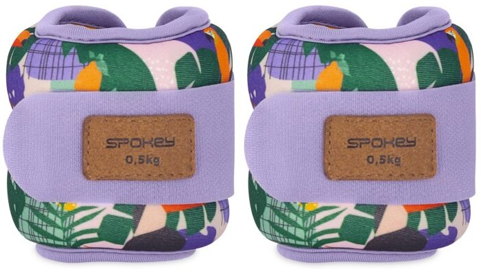Dwie kolorowe obciążniki na kostki Spokey z kwiatowym wzorem i brązową naszywką z logo.